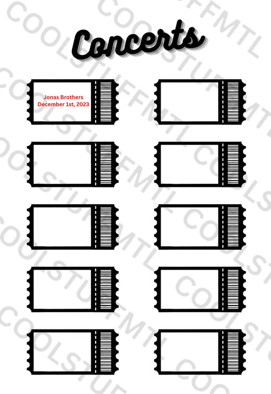 Concert Tracker - A5 Journal Page - Printable Tracker